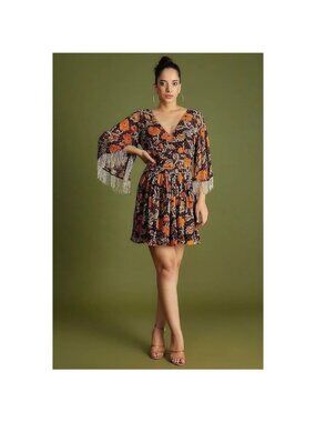 Verb by Pallavi Singhee Floral Beaded Fringe Tie Back Mini Dress Womens Small